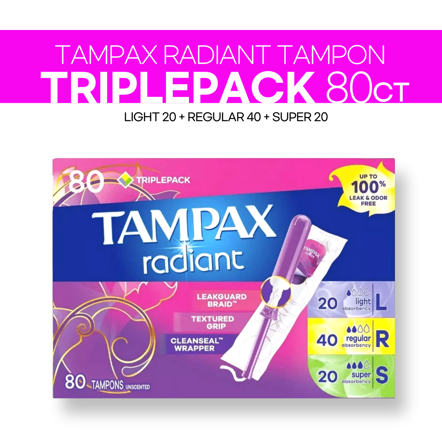 Tampax Radiant Trio Pack 80ct (Light 20ct+Regular 40ct+Super 20ct)
