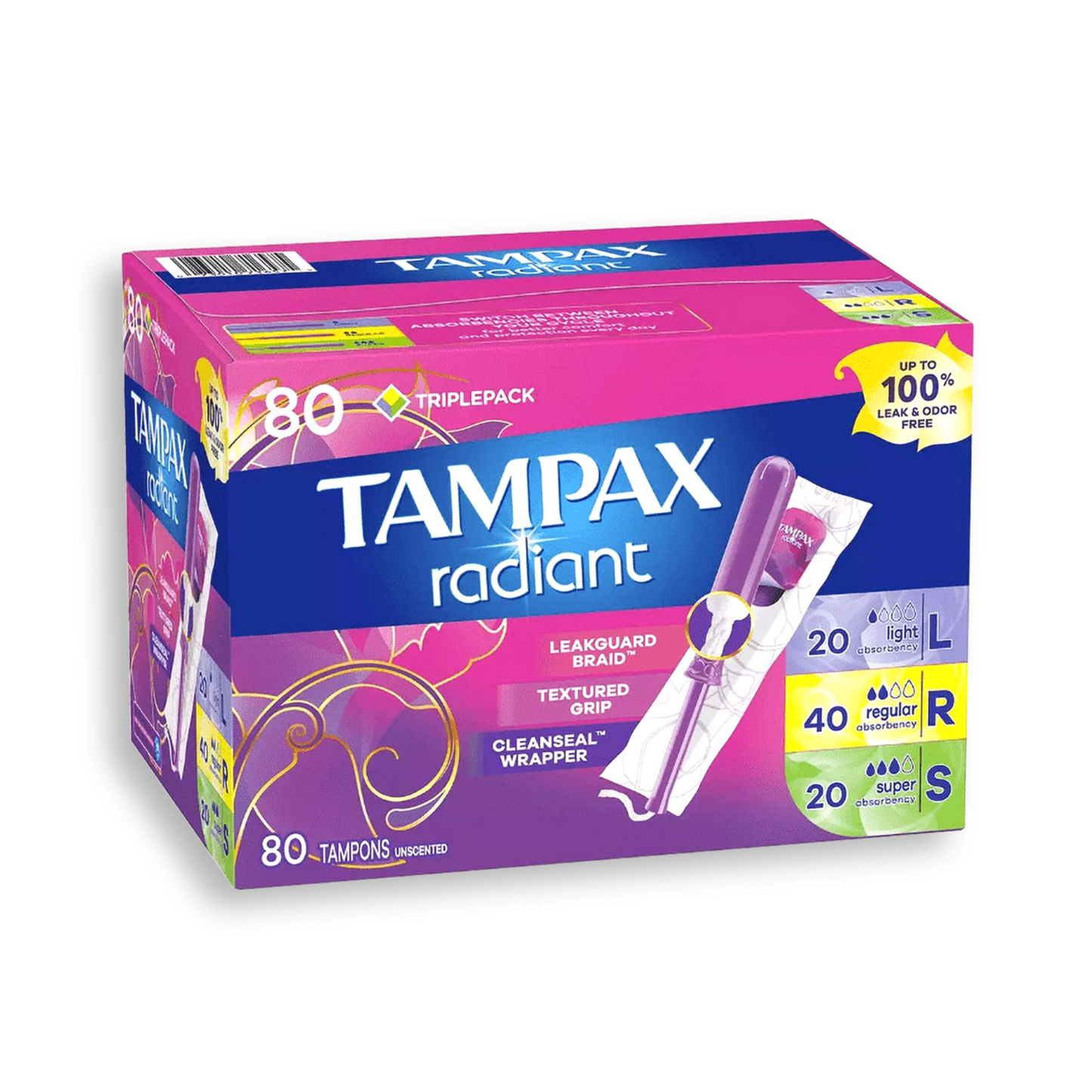 Tampax Radiant Trio Pack 80ct (Light 20ct+Regular 40ct+Super 20ct)