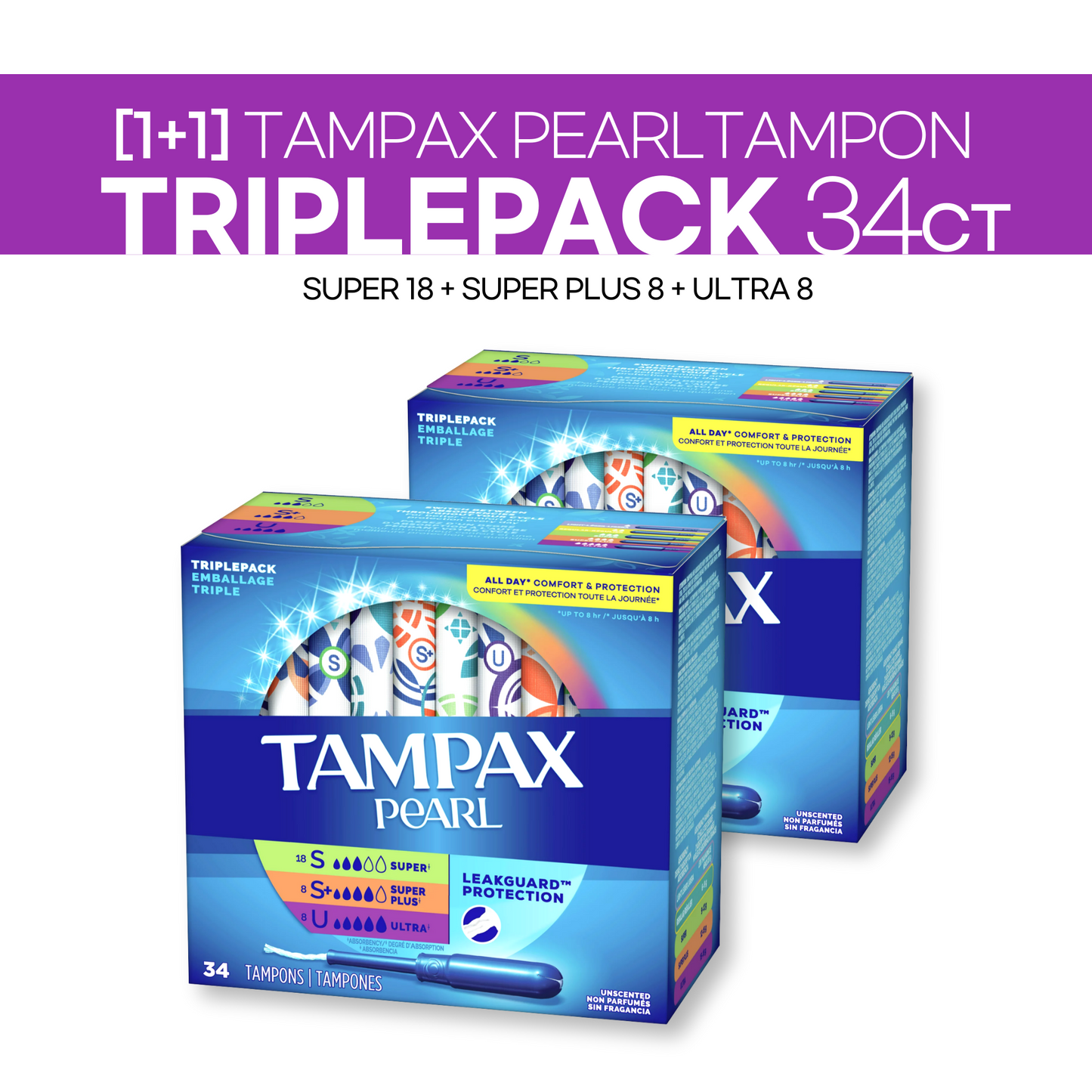 [1+1] Tampax Pearl Triplepack 34ct (Super 18ct+Super Plus 8ct+Ultra 8ct)