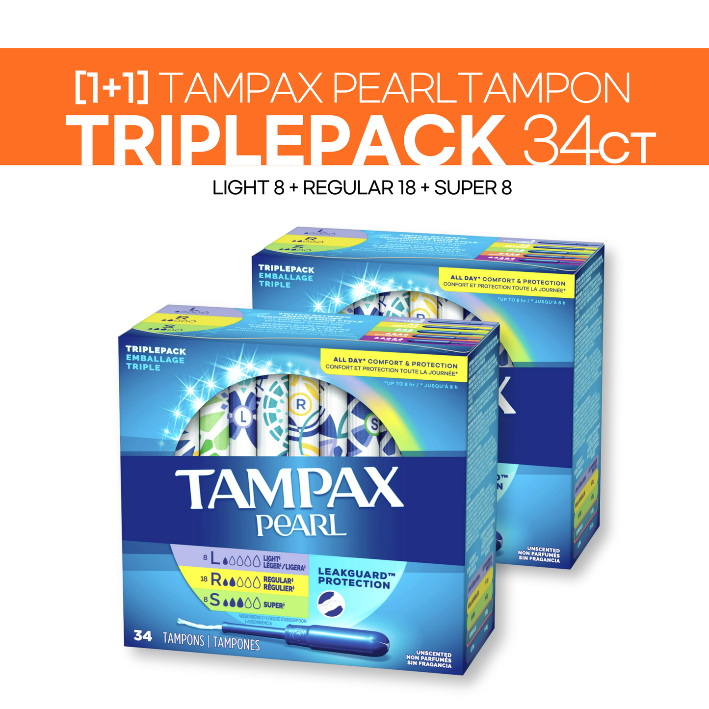 [1+1] Tampax Pearl Triplepack 34ct (Light 8ct+Regular 18ct+Super 8ct)