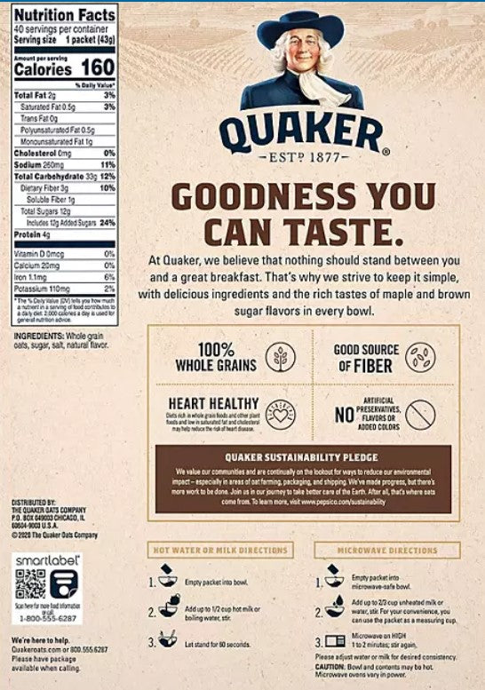 Quaker Instant Oatmeal, Maple Brown Sugar 40 pk